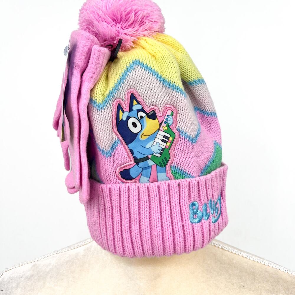 BLUEY Girl's Soft Knit Beanie Hat And Gloves Set One Size Pink Multi NWT
